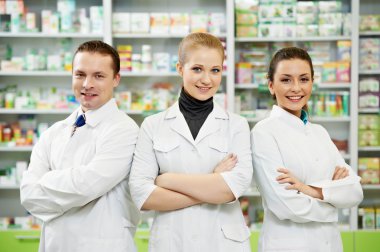 Pharmacy chemist team women and man in drugstore clipart