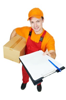 Delivery man courier with parcel cardboard box clipart