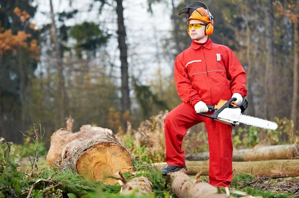Houthakker werknemer met chainsaw in het forest — Stockfoto