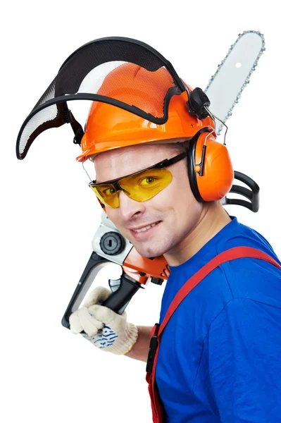 Lumberjack Worker With Chainsaw Isolated — Stock Photo, Image