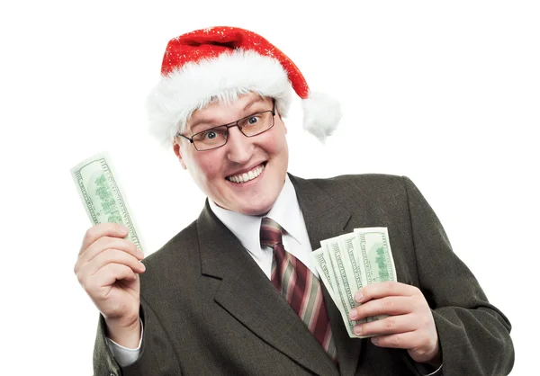 Счастливый бизнесмен в красной шляпе с долларовыми деньгами — стоковое фото
