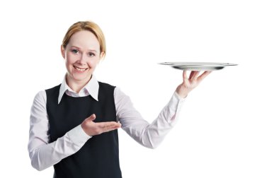 Woman waiter with metal cloche lid cover clipart