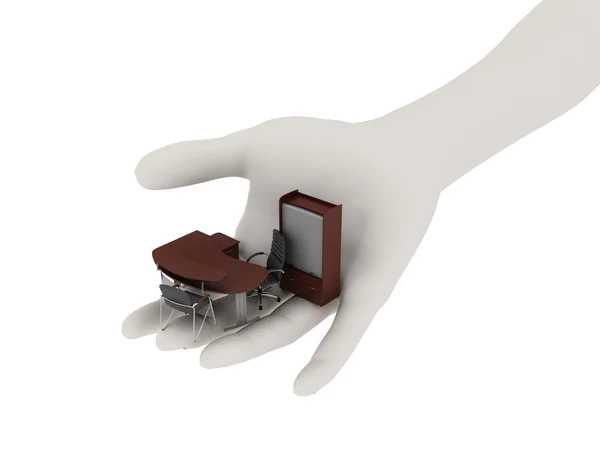 Office furniture in his outstretched palm — Stock Photo, Image