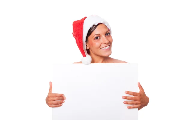 Sexy žena s santa hat drží prázdná deska — Stock fotografie