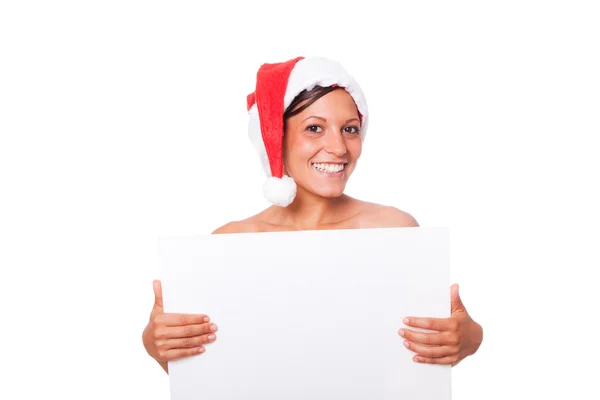 산타 모자 빈 보드를 들고와 섹시 한 여자 — 스톡 사진