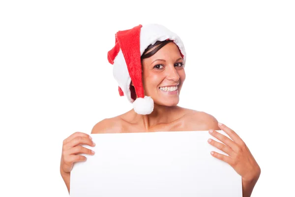 Sexy Frau mit Weihnachtsmütze hält leeres Brett — Stockfoto