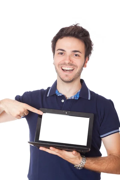 Homme tenant Netbook avec écran blanc — Photo