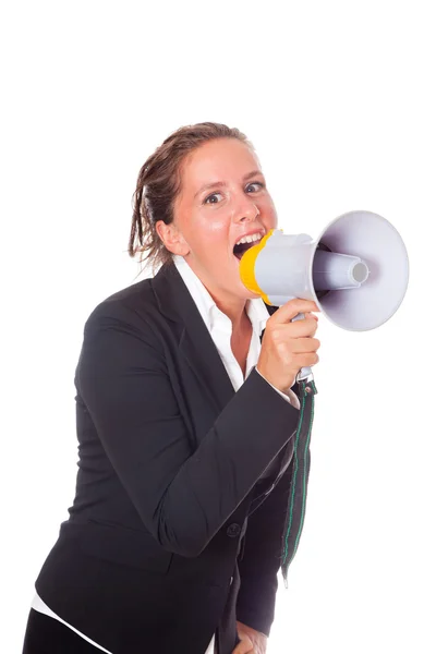 Obchodní žena mluví přes megafon — Stock fotografie
