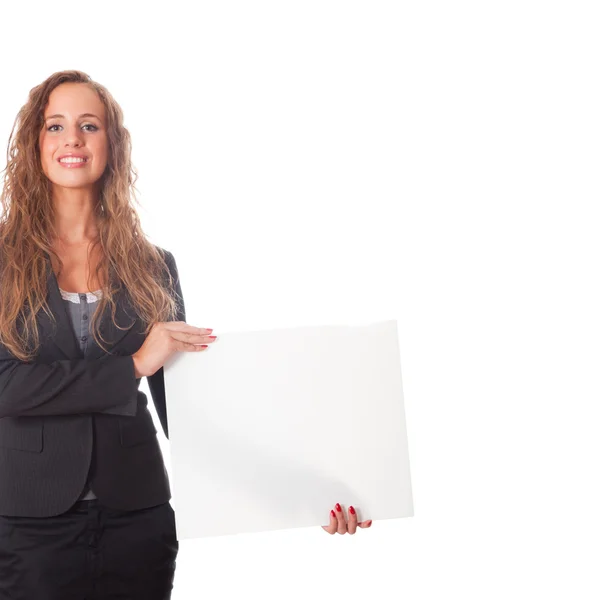 Mujer de negocios sosteniendo tablero en blanco — Foto de Stock