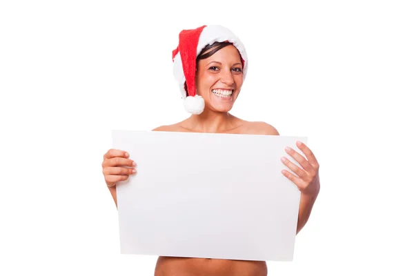 Mulher sexy com chapéu de Santa segurando placa em branco — Fotografia de Stock
