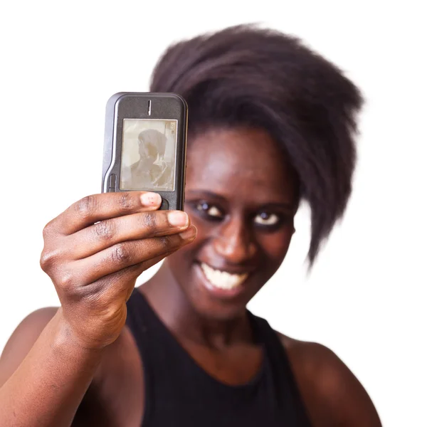 Žena Autoportrét s mobilním telefonem — Stock fotografie
