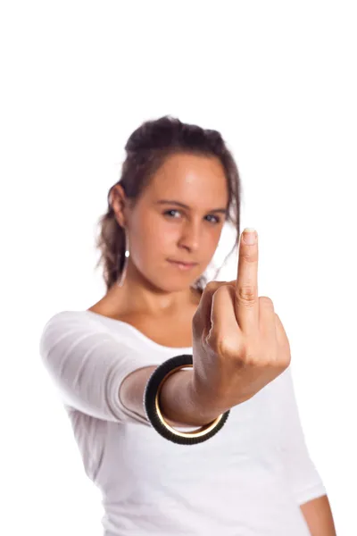 Genç kız göstermek orta parmak — Stok fotoğraf