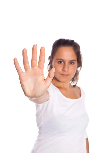 Junges Mädchen zeigt offene Hand — Stockfoto