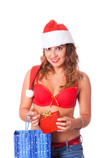 Sexy Woman with Santa Hat and Christmas Gift — Stock Photo, Image