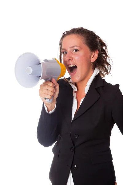 Obchodní žena mluví přes megafon — Stock fotografie