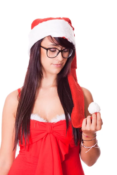 Frau mit Weihnachtsmütze und rotem Kleid — Stockfoto