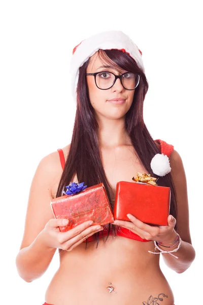산타 모자와 빨간색 브래지어로 섹시 한 여자 — 스톡 사진