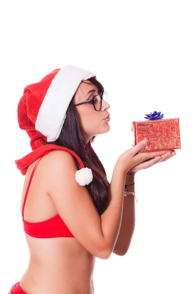 Сексуальная женщина с Санта-Клаусом и красным бюстгальтером — стоковое фото