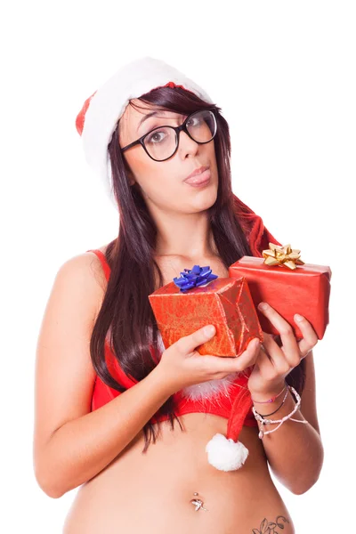Mulher sexy com chapéu de Santa e sutiã vermelho — Fotografia de Stock