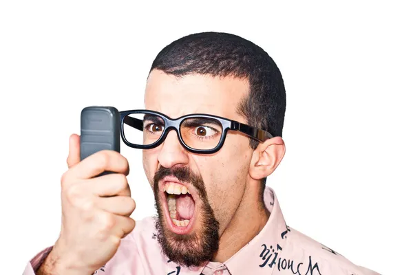 Irritado homem gritando no celular — Fotografia de Stock
