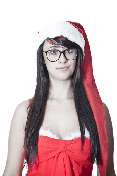 Vrouw met kerstmuts en rode jurk — Stockfoto