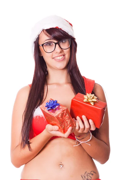 산타 모자와 빨간색 브래지어로 섹시 한 여자 — 스톡 사진