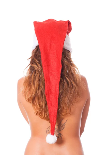 Vista posteriore della donna in topless con Santa Hat — Foto Stock