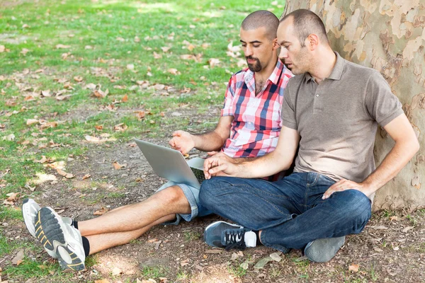 Dos hombres trabajando con computadora en Park — Foto de Stock