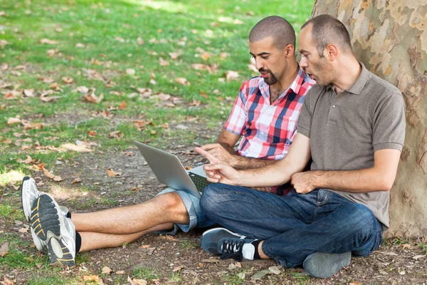 Due uomini che lavorano con il computer al parco — Foto Stock