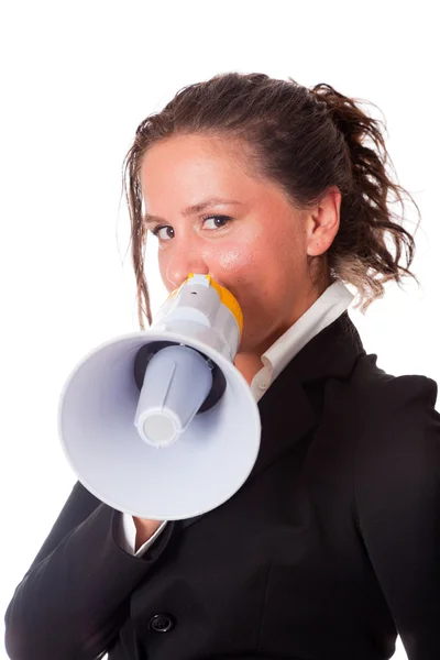 Biznes kobieta rozmawia przez megafon — Zdjęcie stockowe