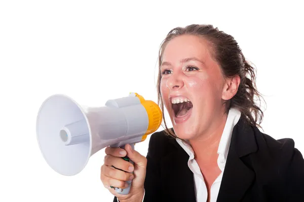 Mujer de negocios hablando a través de megáfono — Foto de Stock