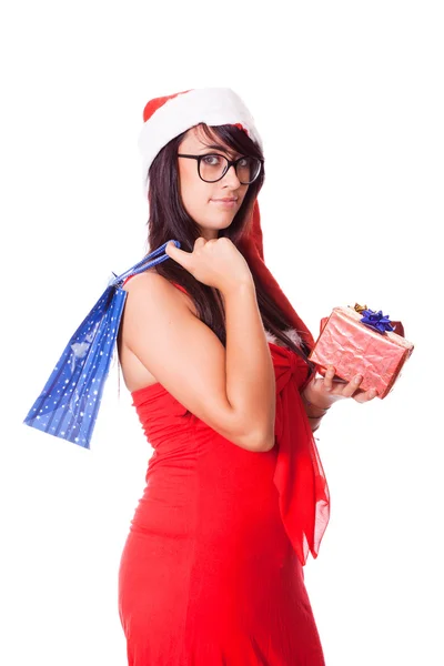 Woman with Santa Hat and Christmas Gift — Stock Photo, Image