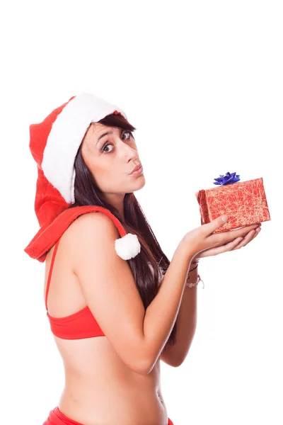 Sexig kvinna med santa hatt och röd BH — Stockfoto