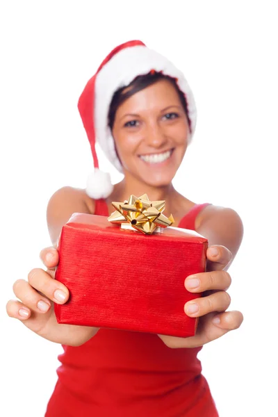 Sexig kvinna med santa hatt och jul gåvor — Stockfoto