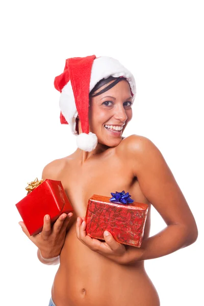 Seksi üstsüz kadın ile santa şapka ve Noel hediyeleri — Stok fotoğraf