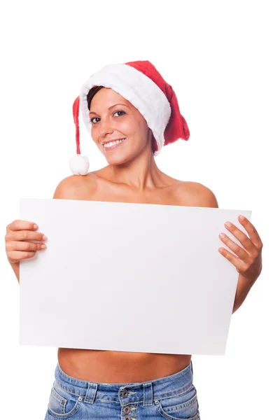 Mulher sexy com chapéu de Santa segurando placa em branco — Fotografia de Stock