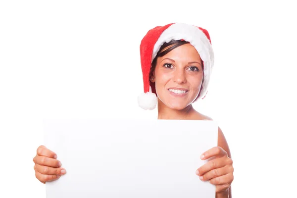 性感的女人拿空白板的圣诞老人帽子 — 图库照片
