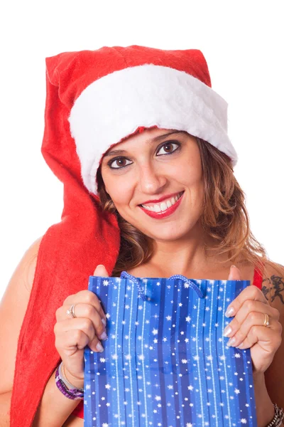 섹시 한 여자 산타 모자와 크리스마스 선물 — 스톡 사진