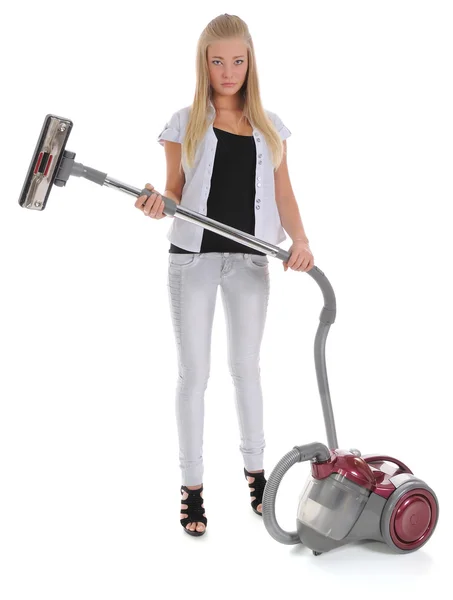 Girl and vacuum cleaner — Stock Photo, Image