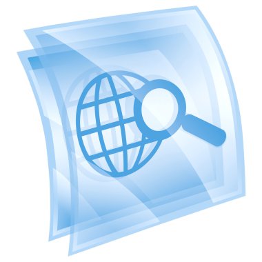 Magnifier and globe icon blue square, isolated on white backgrou clipart