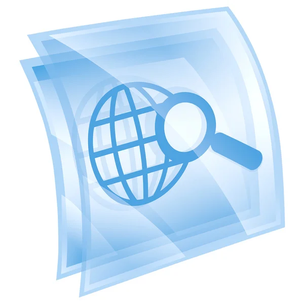 Magnifier and globe icon blue square, isolated on white backgrou — Stock Photo, Image