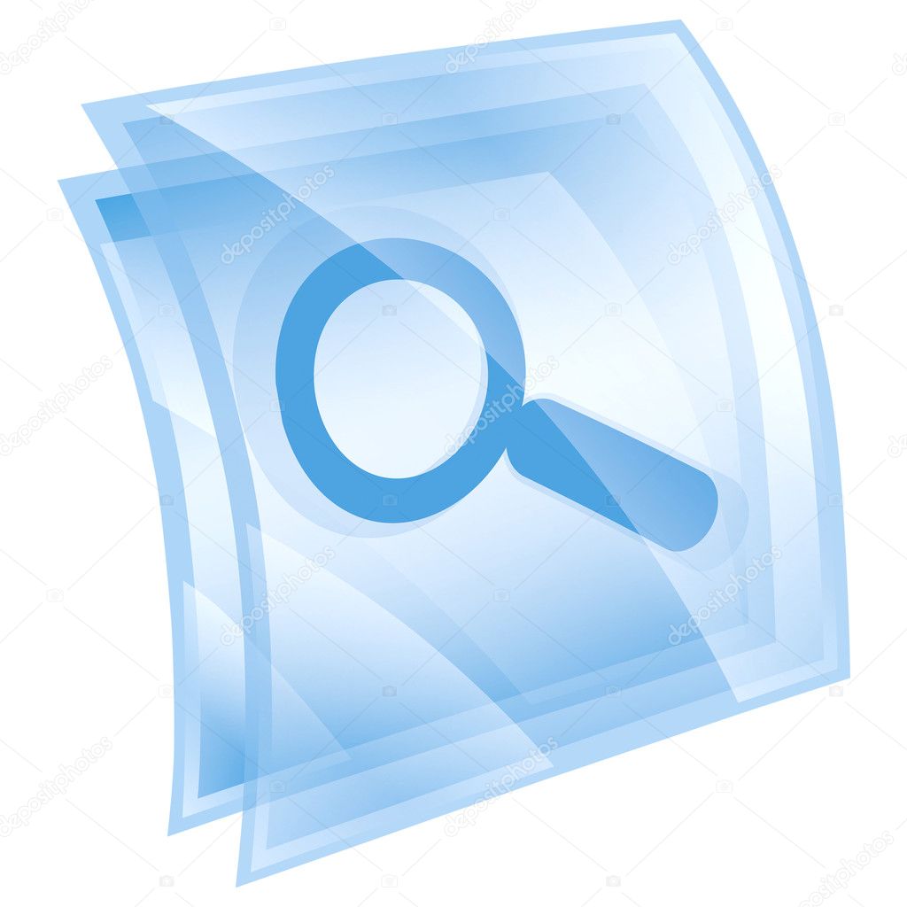 Magnifier icon blue square, isolated on white background.