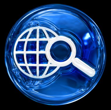 Globe and magnifier icon blue, isolated on black background. clipart