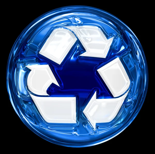 Reciclaje icono símbolo azul, aislado sobre fondo negro . — Foto de Stock