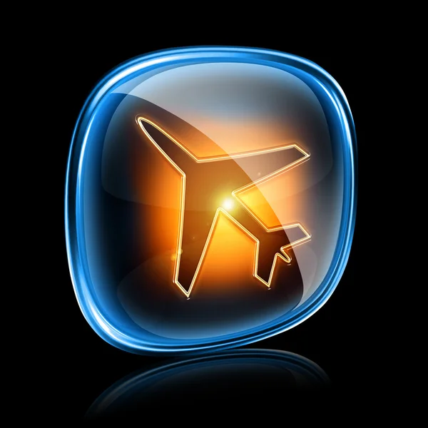 Flugzeug-Ikone Neon, isoliert auf schwarzem Hintergrund. — Stockfoto