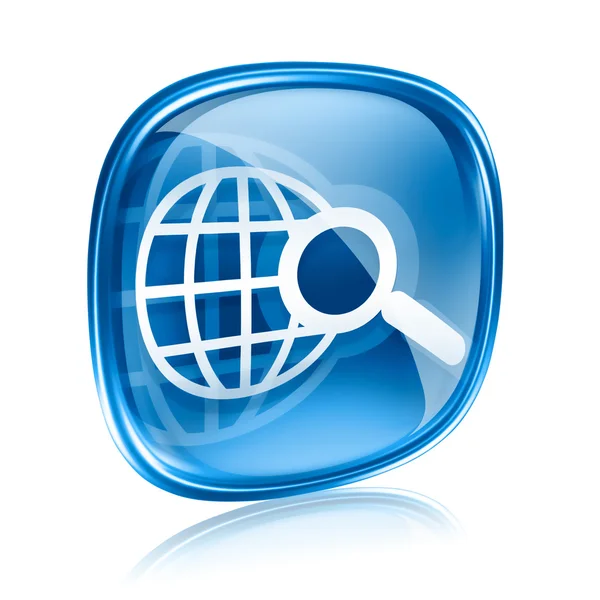 Globus und Lupe Symbol blaues Glas, isoliert auf weißem Hintergrund — Stockfoto