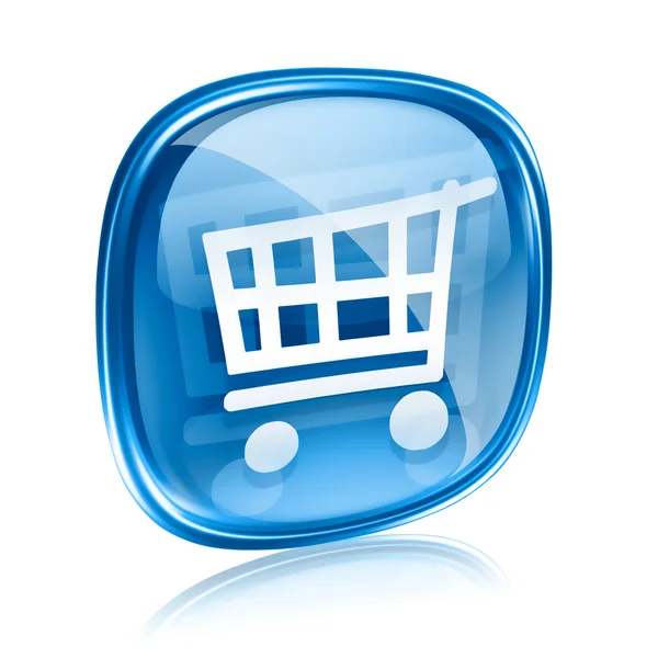 Carrinho de compras ícone de vidro azul, isolado no fundo branco . — Fotografia de Stock