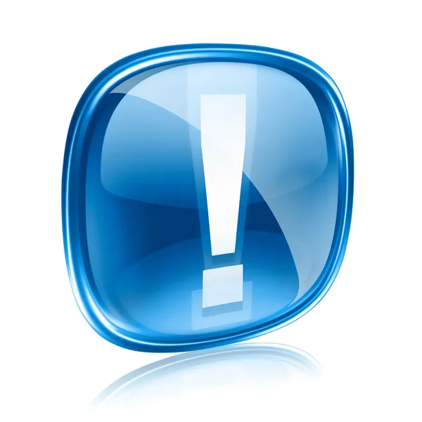 Simbolo esclamativo icona vetro blu, isolato su sfondo bianco — Foto Stock