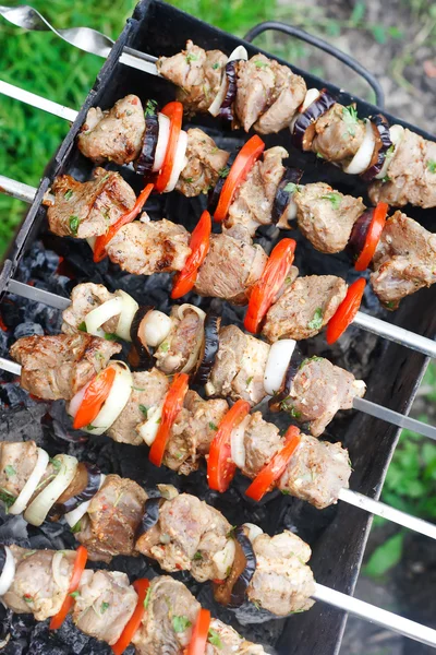 Kebab grillé avec des légumes sur des brochettes métalliques — Photo