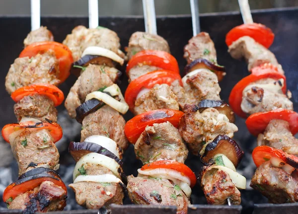 stock image Kebab grilled with vegetables on metal skewers